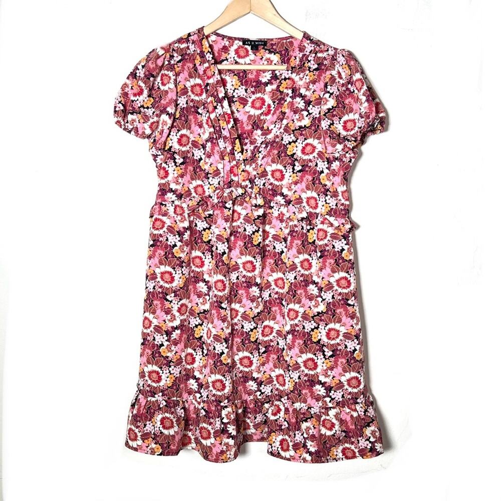 As U Wish Pink Floral V Neck Dress size large L B136